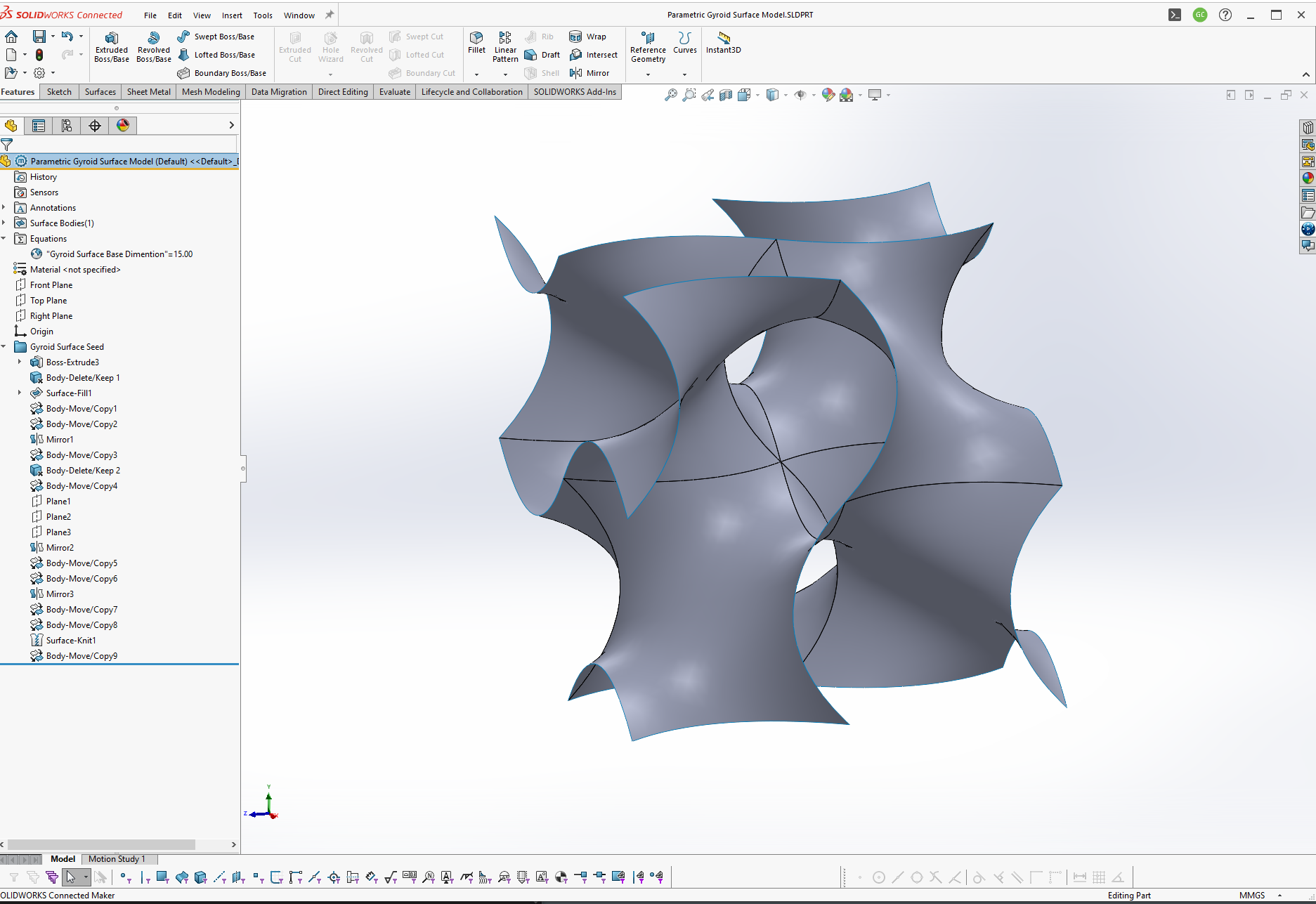 A parametric gyroid surface built in SolidWorks.